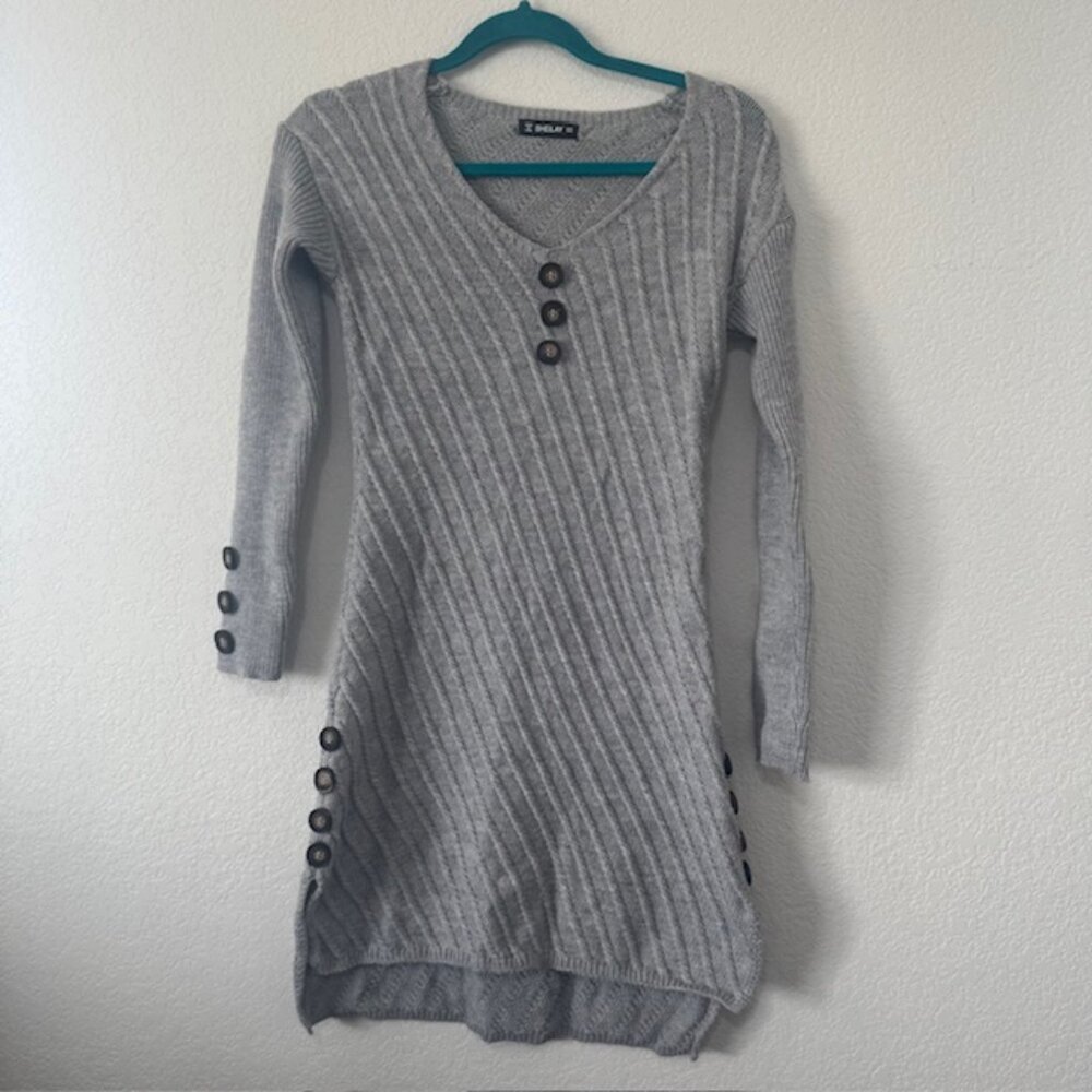 Women Gray Diagonal Rib Knit Sweater Dress Button Accent Size Medium